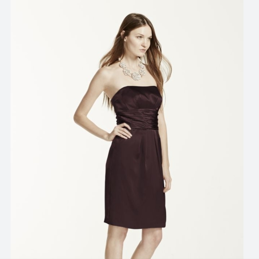 DAVID'S Bridal Dark Purple Plum Knee Length Strapless Bridesmaid Dress, 8